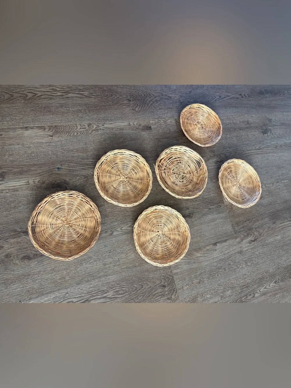 6 Rustic Wicker Basket Plates Rattan Flat Chargers Basket Wall Collage Vintage